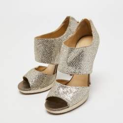 Jimmy Choo Metallic Silver Glitter Private Platform Sandals Size 37