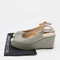 Pre Owned Jimmy Choo Grey Woven Raffia Prova Slingback Platform Wedge Sandals Size 39