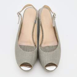 Pre Owned Jimmy Choo Grey Woven Raffia Prova Slingback Platform Wedge Sandals Size 39