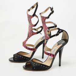 Pre Owned Jimmy Choo Black/Pink Studded Suede and Printed Leather Strappy Sandals Size 37