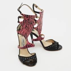 Pre Owned Jimmy Choo Black/Pink Studded Suede and Printed Leather Strappy Sandals Size 37