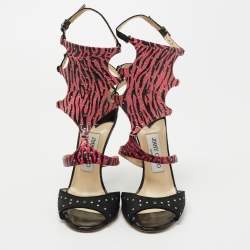 Pre Owned Jimmy Choo Black/Pink Studded Suede and Printed Leather Strappy Sandals Size 37