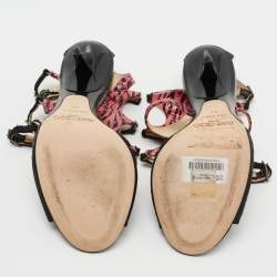 Pre Owned Jimmy Choo Black/Pink Studded Suede and Printed Leather Strappy Sandals Size 37