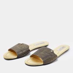 Pre Owned Jimmy Choo Black/Gold Leather Nanda Flat Slides Size 40.5 