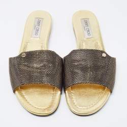 Pre Owned Jimmy Choo Black/Gold Leather Nanda Flat Slides Size 40.5 