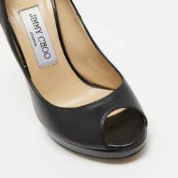 Pre Owned Jimmy Choo Black Leather Crown Peep Toe Platform Pumps Size 36