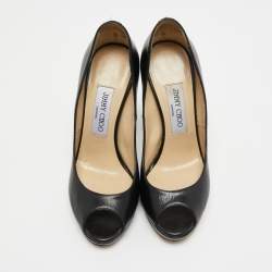 Pre Owned Jimmy Choo Black Leather Crown Peep Toe Platform Pumps Size 36