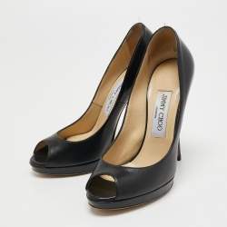 Pre Owned Jimmy Choo Black Leather Crown Peep Toe Platform Pumps Size 36