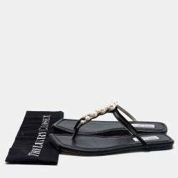Pre Owned Jimmy Choo Black Leather Embellished Thong Flats Size 38.5