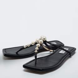 Pre Owned Jimmy Choo Black Leather Embellished Thong Flats Size 38.5