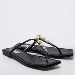 Pre Owned Jimmy Choo Black Leather Embellished Thong Flats Size 38.5