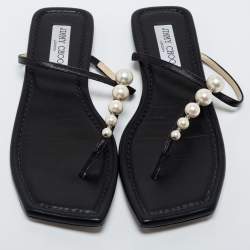 Pre Owned Jimmy Choo Black Leather Embellished Thong Flats Size 38.5