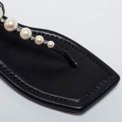 Pre Owned Jimmy Choo Black Leather Embellished Thong Flats Size 38.5