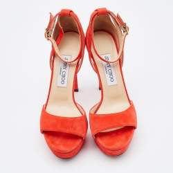 Pre Owned Jimmy Choo Orange Suede Platform Ankle Strap Sandals Size 37