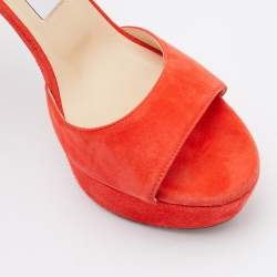 Pre Owned Jimmy Choo Orange Suede Platform Ankle Strap Sandals Size 37