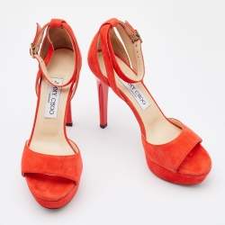 Pre Owned Jimmy Choo Orange Suede Platform Ankle Strap Sandals Size 37