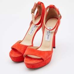 Pre Owned Jimmy Choo Orange Suede Platform Ankle Strap Sandals Size 37