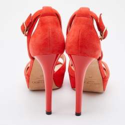 Pre Owned Jimmy Choo Orange Suede Platform Ankle Strap Sandals Size 37