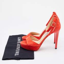 Pre Owned Jimmy Choo Orange Suede Platform Ankle Strap Sandals Size 37