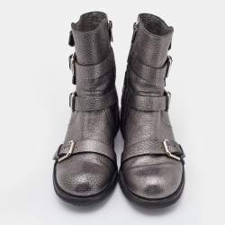 Pre Owned Jimmy Choo Metallic Silver Leather Dawson Ankle Boots Size 36.5