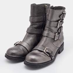 Pre Owned Jimmy Choo Metallic Silver Leather Dawson Ankle Boots Size 36.5