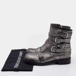 Pre Owned Jimmy Choo Metallic Silver Leather Dawson Ankle Boots Size 36.5