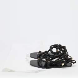 Pre Owned Jimmy Choo Black Rope and Leather Aziza Flat Ankle Wrap Sandals Size 38