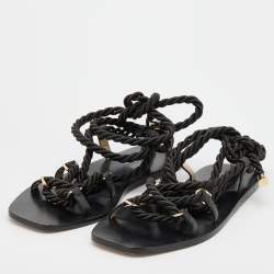 Pre Owned Jimmy Choo Black Rope and Leather Aziza Flat Ankle Wrap Sandals Size 38