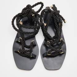 Pre Owned Jimmy Choo Black Rope and Leather Aziza Flat Ankle Wrap Sandals Size 38