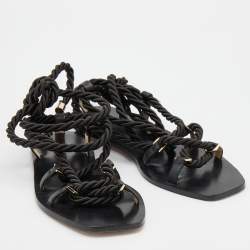 Pre Owned Jimmy Choo Black Rope and Leather Aziza Flat Ankle Wrap Sandals Size 38