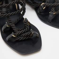 Pre Owned Jimmy Choo Black Rope and Leather Aziza Flat Ankle Wrap Sandals Size 38