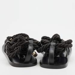 Pre Owned Jimmy Choo Black Rope and Leather Aziza Flat Ankle Wrap Sandals Size 38