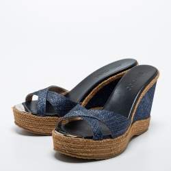 مملوكة مسبقًا Jimmy Choo Navy Blue Denim Prima Wedge Slides Size 40