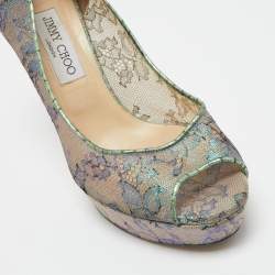 Pre Owned Jimmy Choo Metallic Lace Dahlia Peep Toe Platform Pumps Size 41
