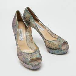 Pre Owned Jimmy Choo Metallic Lace Dahlia Peep Toe Platform Pumps Size 41