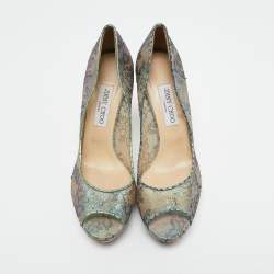 Pre Owned Jimmy Choo Metallic Lace Dahlia Peep Toe Platform Pumps Size 41