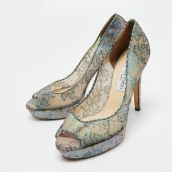 Pre Owned Jimmy Choo Metallic Lace Dahlia Peep Toe Platform Pumps Size 41