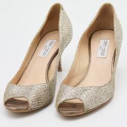 Pre Owned Jimmy Choo Metallic Gold Glitter Peep Toe Pumps Size 41