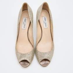 Pre Owned Jimmy Choo Metallic Gold Glitter Peep Toe Pumps Size 41