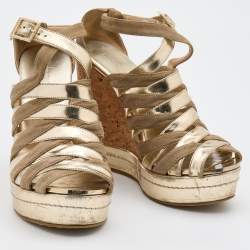 Pre Owned Jimmy Choo Metallic Gold Leather and Suede Cork Platform Wedge Sandals Size 38