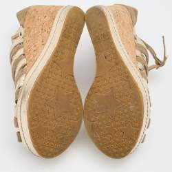 Pre Owned Jimmy Choo Metallic Gold Leather and Suede Cork Platform Wedge Sandals Size 38