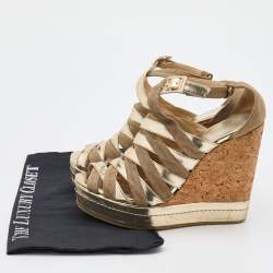Pre Owned Jimmy Choo Metallic Gold Leather and Suede Cork Platform Wedge Sandals Size 38