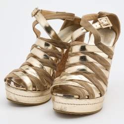 Pre Owned Jimmy Choo Metallic Gold Leather and Suede Cork Platform Wedge Sandals Size 38