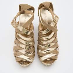 Pre Owned Jimmy Choo Metallic Gold Leather and Suede Cork Platform Wedge Sandals Size 38