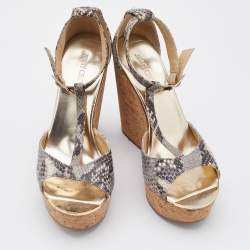 Pre Owned Jimmy Choo Grey/Black Snakeskin Embossed Leather Cork Platform Wedge Sandals Size 37.5