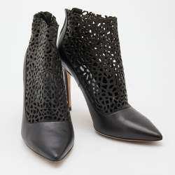 Pre Owned Jimmy Choo Black Leather Laser Cut Ankle Length Boots Size 39