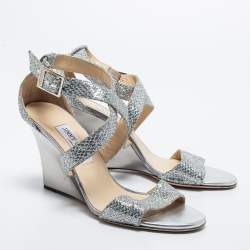 مملوكة مسبقًا Jimmy Choo Silver Glitter Crisscross Wedge Sandals Size 39