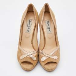 Jimmy Choo Beige/Gold Suede and Leather Open Toe Pumps Size 39.5