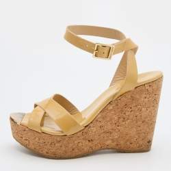 Pre Owned Jimmy Choo Beige Patent Leather Papyrus Cork Platform Wedge Sandals Size 39