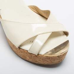 Pre Owned Jimmy Choo Off White Patent Leather Criss Cross Prima Cork Wedge Sandals Size 41